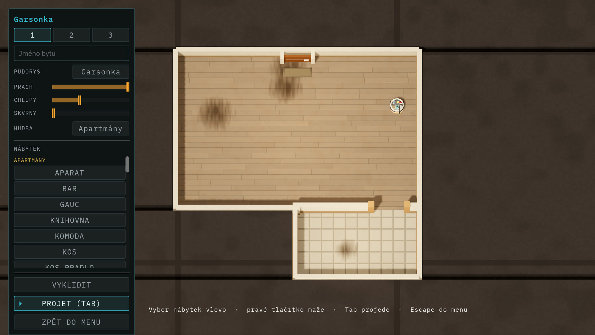 Sandbox s panelem nastavení vlevo a rozestavěným bytem vpravo